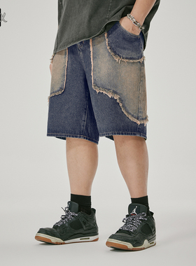 NMAX大码潮牌男装夏季新品重工撞色拼接牛仔裤品质感定制磨毛短裤