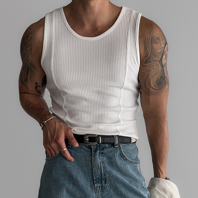 修身美式背心男螺纹针织夏季竖条纹弹力高级感健身圆领坎肩T恤