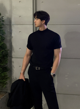 MRCYC韩版半高领针织T恤男士纯色百搭修身短袖夏季高级薄款体恤潮