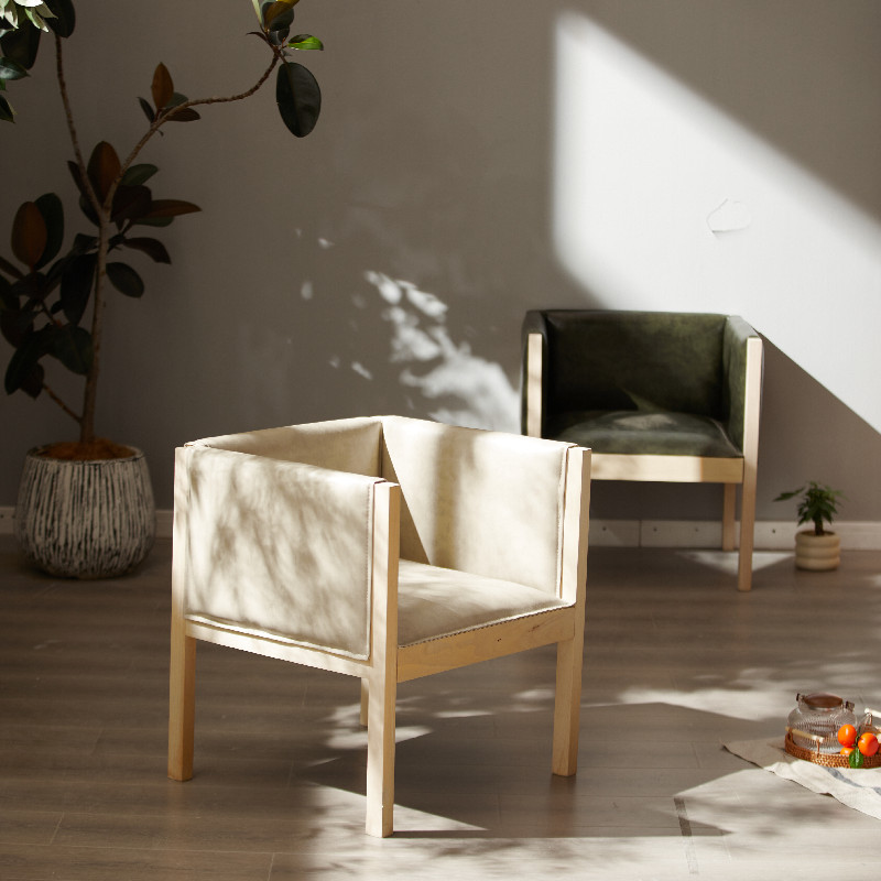 梵辰实木现代简约米色单人双人组合布艺沙发客厅餐厅沙发椅子围椅