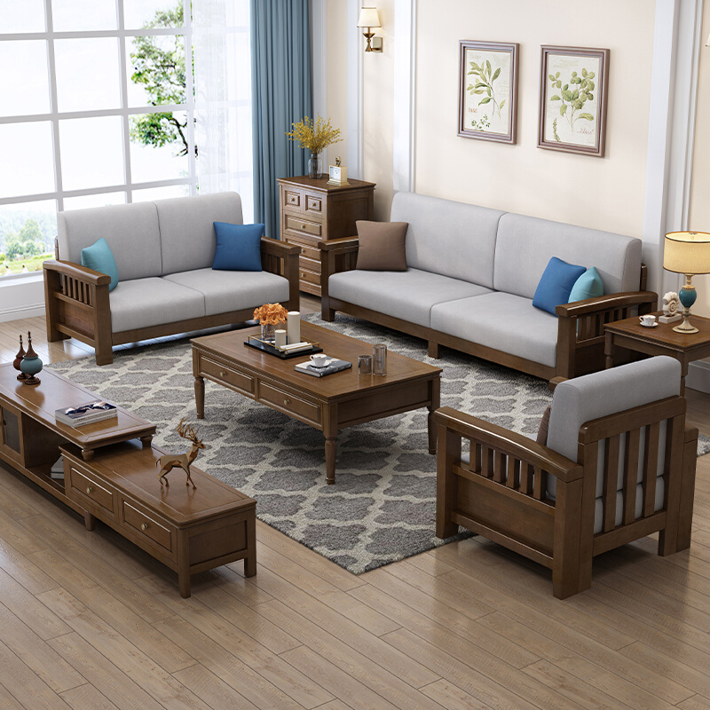 。美式实木沙发123组合布艺客厅现代简约家具经济小户型双人三人
