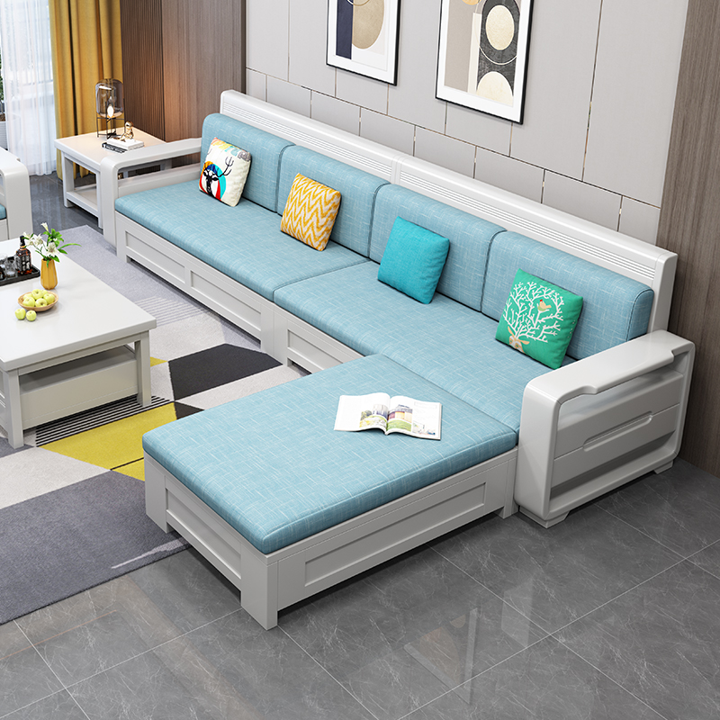 实木沙发简约现代中式高靠储物布艺冬夏两用白色客厅小户型家具