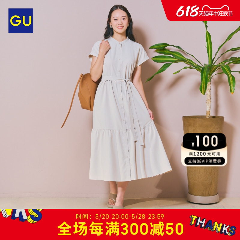GU极优女装衬衫短袖连衣裙24年夏含内衬日系易打理立领气质350143