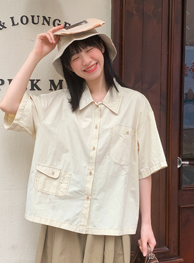 小雨良品日系韩版工装风纯棉短袖衬衫女夏季小个子宽松上衣慵懒风