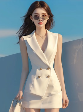 夏装搭配一整套干练气质时尚高端职业小香风白色西装马甲短裙套装