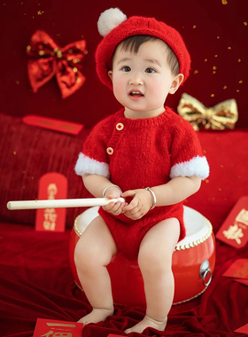 儿童摄影大红百天男女孩圣诞新年毛线手工编织装帽子服装影楼服饰