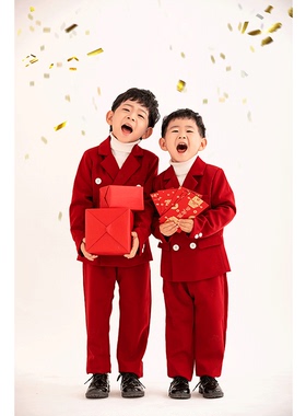 新年过年男童红色西装三件套装周岁照拍照服装道具影楼摄影服饰