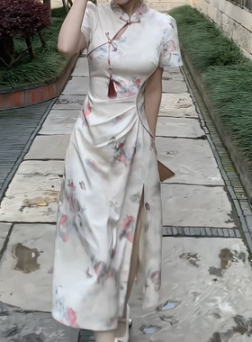 新中式国风改良年轻款旗袍连衣裙女夏季气质优雅收腰显瘦开叉长裙