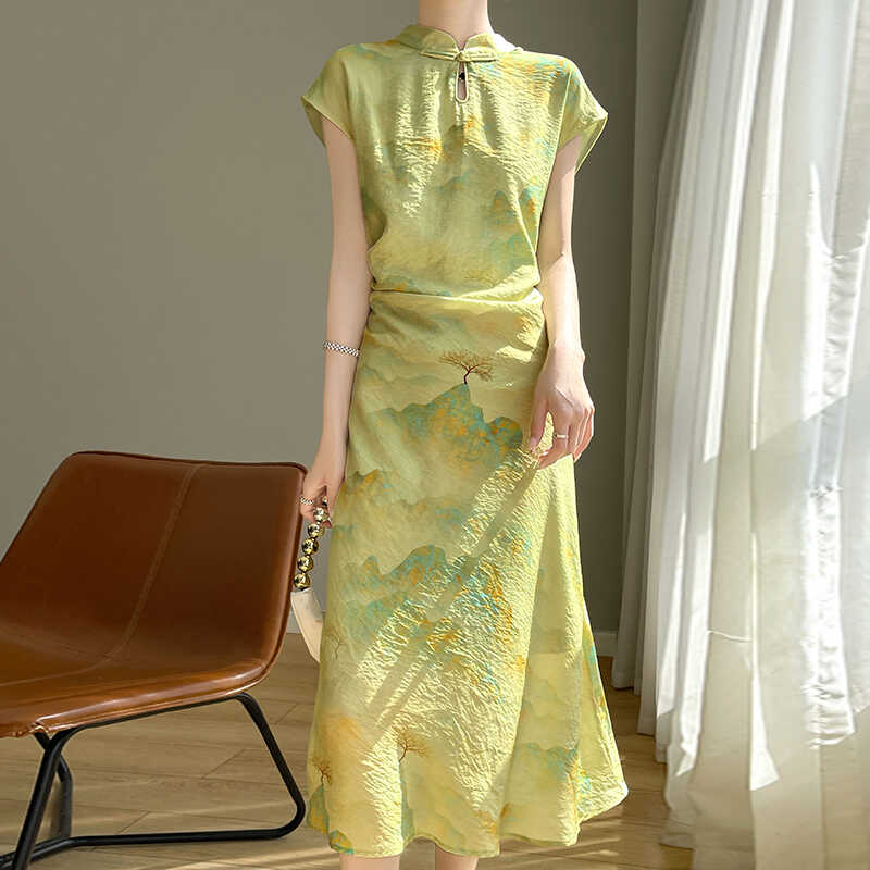 新中式女装湖青色立领水墨晕染国风旗袍裙夏季新款高贵优雅连衣裙