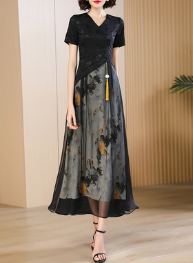 新中式黑色连衣裙气质修身2024夏新款高级感优雅改良长款旗袍裙女