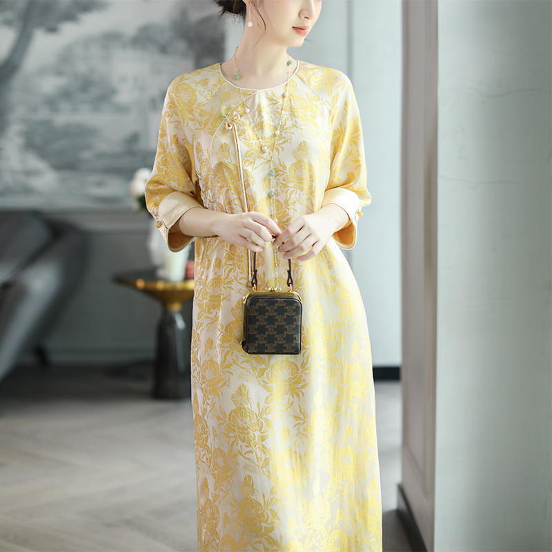 SHIBAI拾白新中式2024夏黄色优雅大气高级感日常中长款旗袍连衣裙