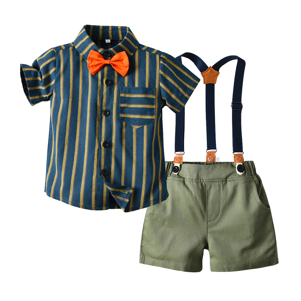宝宝帅气夏装男童英伦风套装1-5岁儿童条纹衬衫背带裤3件周岁衣服