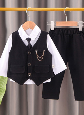 男童春秋装套装1-3周岁0小童宝宝秋季帅气马甲西装三件套婴儿童装
