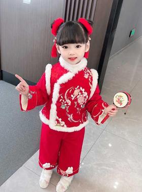 汉服女宝宝加绒套装冬季1-6岁小女孩中国风唐装女.童元旦冬拜年服