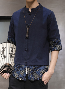 夏季中国风复古短袖中式青年休闲衬衫男士中山装唐装古风汉服茶服