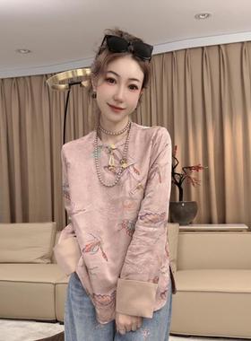 新中式粉色印花衬衫国风女装2024早春新款高级感小众盘扣唐装上衣