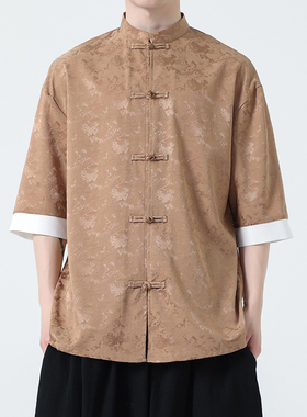 中式复古冰丝提花休闲唐装衬衫中国风夏季宽松大码短袖传统居士服