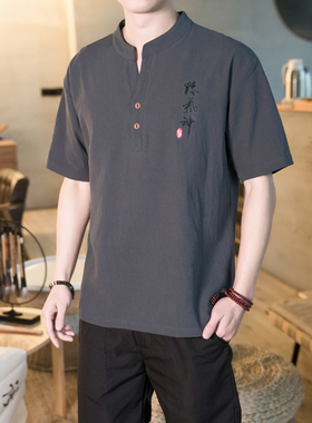 棉麻t恤男夏季中国风男装短袖亚麻上衣唐装复古中式立领薄款体恤