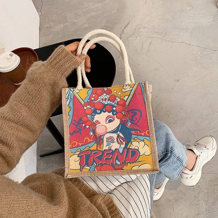 原创简约麻布包日韩女手提包包潮卡通文艺手拎零食袋环保小便当包