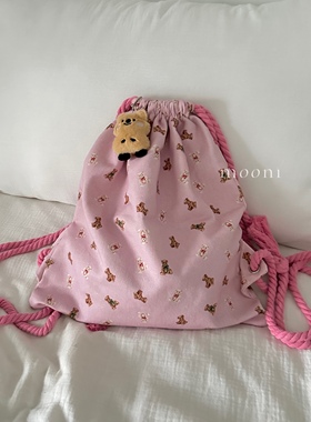 mooni粉色小熊双肩包帆布大容量收纳袋抽绳运动少女风ins学院风