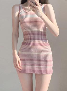 新款粉色条纹背心吊带连衣裙女夏季小个子修身显瘦包臀性感短裙子