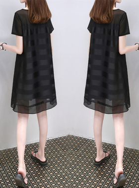 欧洲站2024夏季新款韩版条纹大码连衣裙女时尚黑色宽松气质A字裙