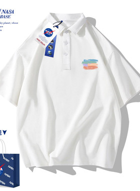 NASA联名polo衫男短袖t恤潮牌男装翻领2024新款宽松白色半袖上衣