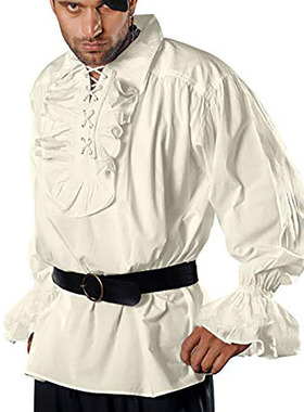 欧美复古中世纪宫廷风蓬蓬袖上衣 舞台话剧表演服纯色绑带衬衫男