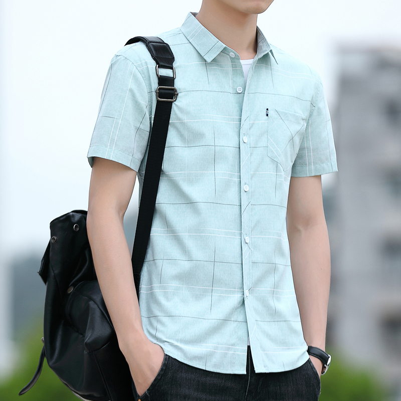 衬衫男装短袖夏季韩版潮流休闲帅气格子衬衣青年带口袋上衣服寸衫