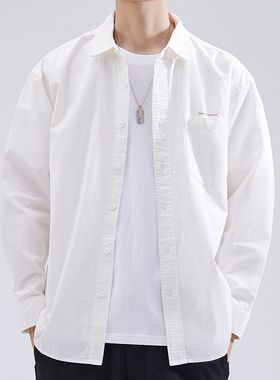 纯色长袖衬衫男日系潮牌纯棉翻领高级感白色衬衣男士春秋休闲外套