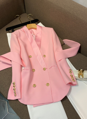 外贸撤回一线品牌女装清货新款英伦粉色小个子系腰带西装西服外套