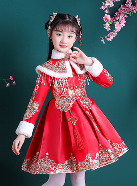 民族汉服女童拜年服新年唐装儿童裙子过年服喜庆红色童装洋气冬装