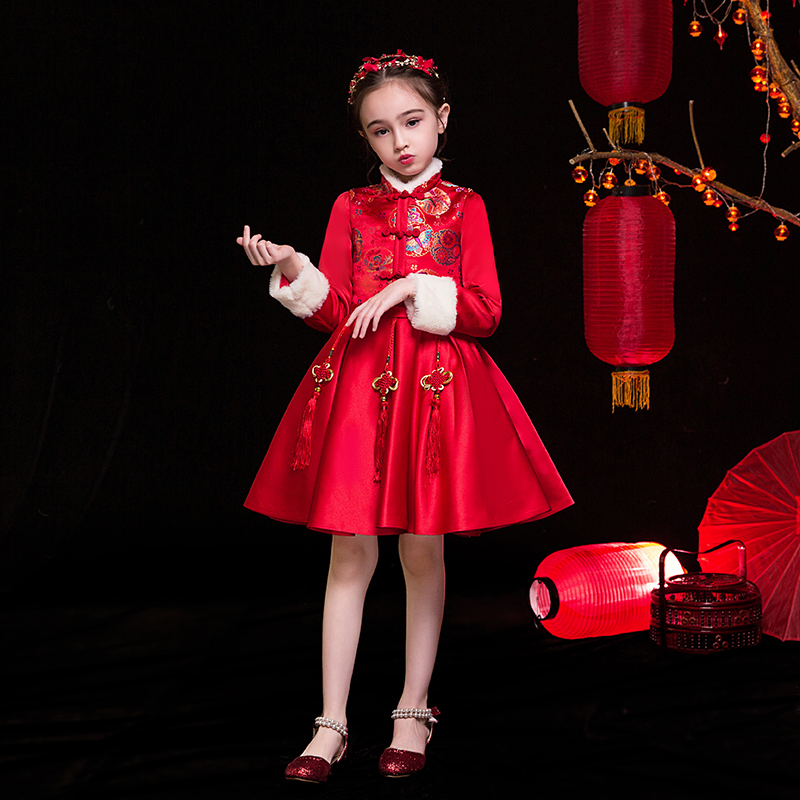 中国风女童汉服冬季儿童旗袍加厚过年女孩拜年服红色宝宝唐装冬装