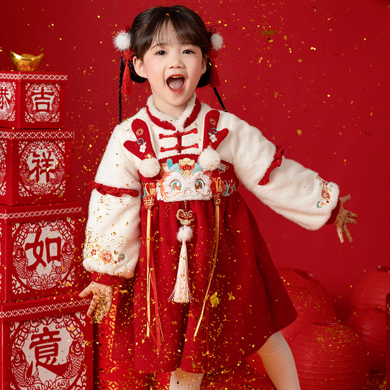 汉服女童冬款拜年服儿童新年唐装新款冬季加厚古装中国风宝宝汉服