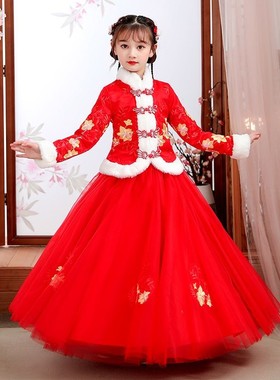 超仙唐装女童汉服套装儿童旗袍拜年服中国风古装秋冬加绒加厚洋气