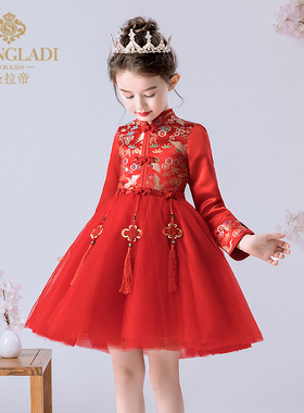 女童旗袍秋中国风宝宝唐装洋气儿童红色公主裙连衣裙洋气装秋冬