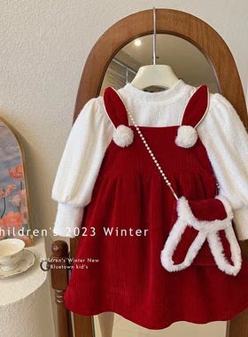 女童拜年服冬季新款加绒唐装连衣裙宝宝洋气可爱兔子公主裙两件套