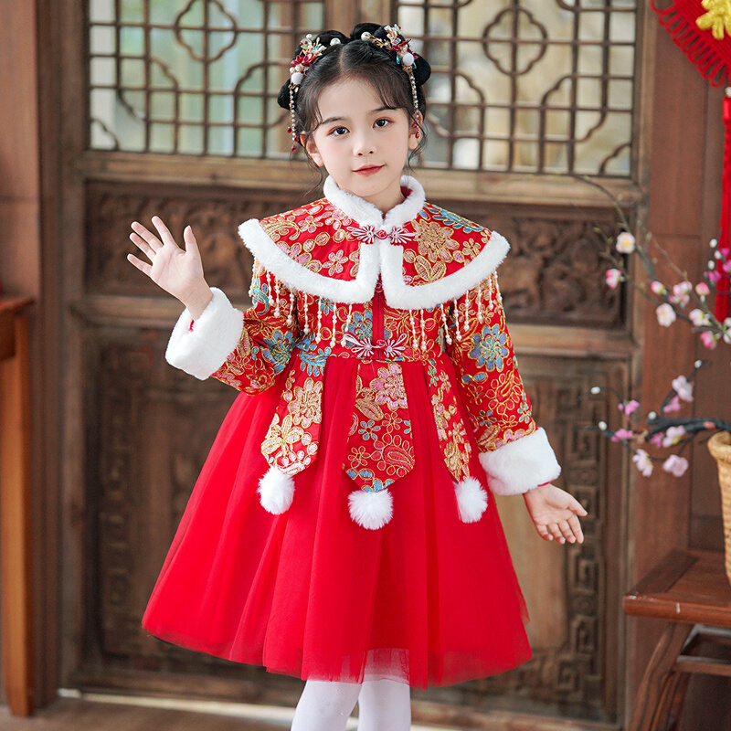 2023女童汉服新款冬装拜年服连衣裙唐装女宝洋气儿童中国风公主裙