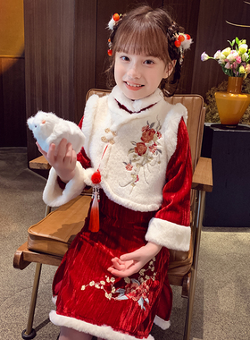 女童旗袍裙冬装2024新款洋气儿童中国风公主裙女孩加绒唐装新年裙