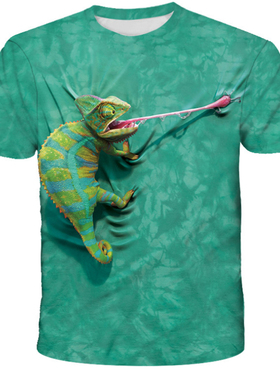 欧洲站短袖t恤潮流印花2024新款男士3D立体蜥蜴个性宽松圆领上衣