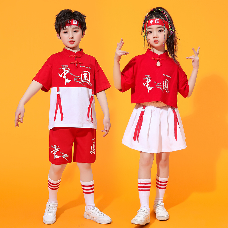 六一儿童演出服中国少年服装幼儿园国风舞蹈服男童红色爱国表演服