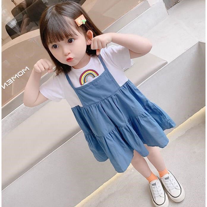 韩系儿童假两件连衣裙夏女童可爱卡通公主裙新版小女孩洋气中长裙