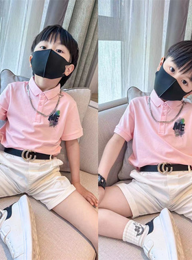 童装男童POLO衫短袖儿童夏新款翻领舒适T恤中大童手绘粉色保罗衫