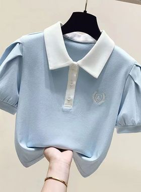 女童夏季新款POLO衫学院风t恤中大童短袖中学生纯色休闲泡泡袖