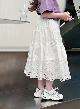 纯棉女童蕾丝拼接白裙子儿童洋气长裙大童装半身裙2024夏装新款