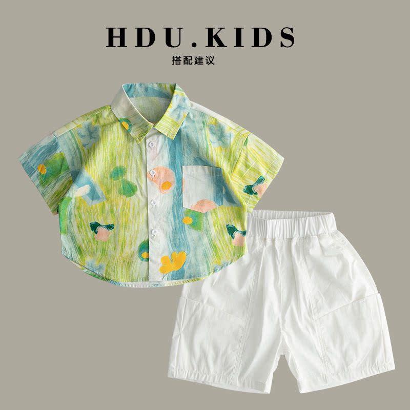 儿童衬衫短裤套装男童短袖衬衣涂鸦夏季薄款上衣中小童宝宝夏装