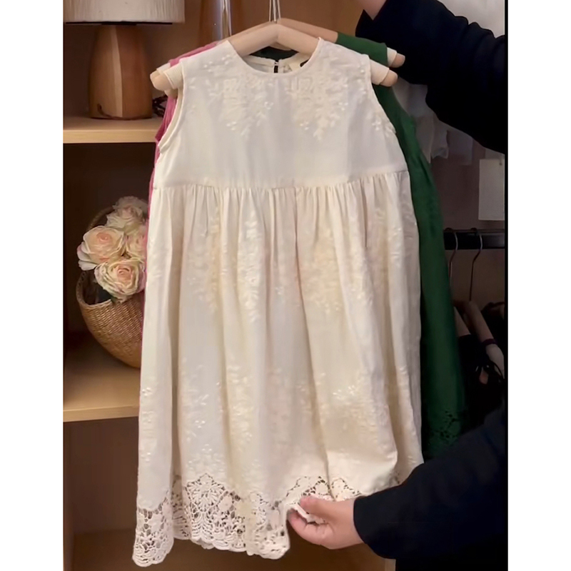 韩国童装女童白色连衣裙夏季高级感洋气刺绣儿童夏装无袖背心裙