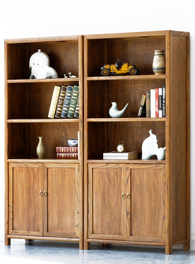 老榆木书架现代简约家具落地多功能置物展示橱家用带门实木书柜子