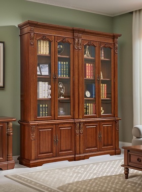 美式书柜欧式展示柜一面墙书柜书房柜子书架一体整墙书房书柜组合