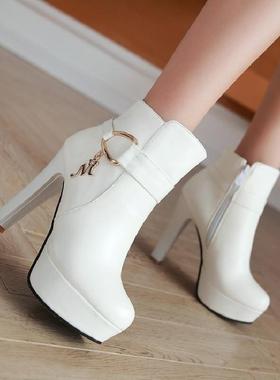 短靴女春秋冬季单靴百搭粗跟高跟鞋短筒女靴子休闲欧美马丁靴白色